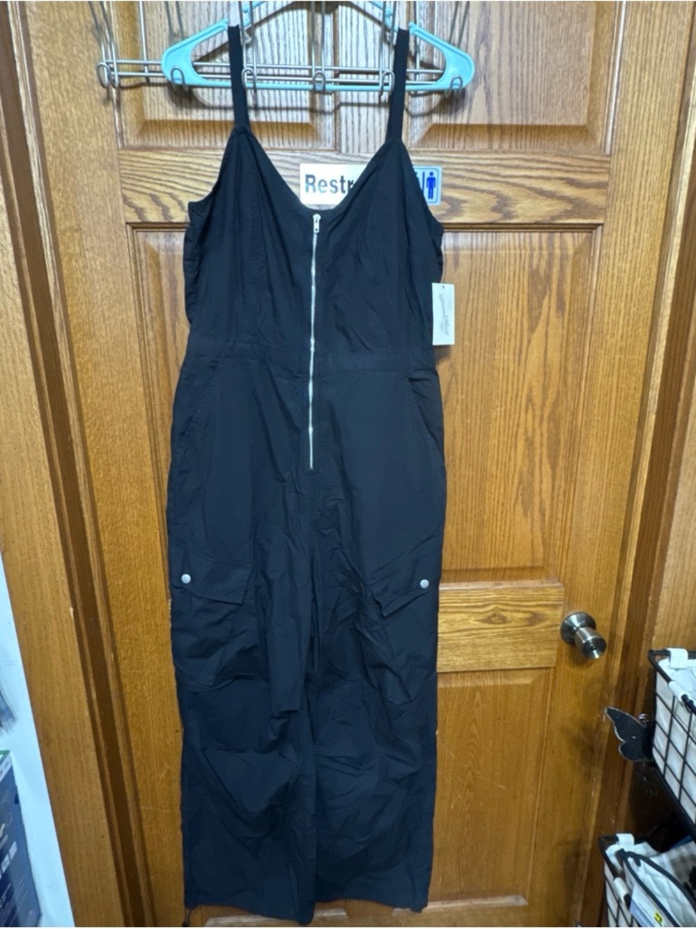 Black Women's Medium Adjustable Wide Leg Cargo Jumpsuit with Front Zip